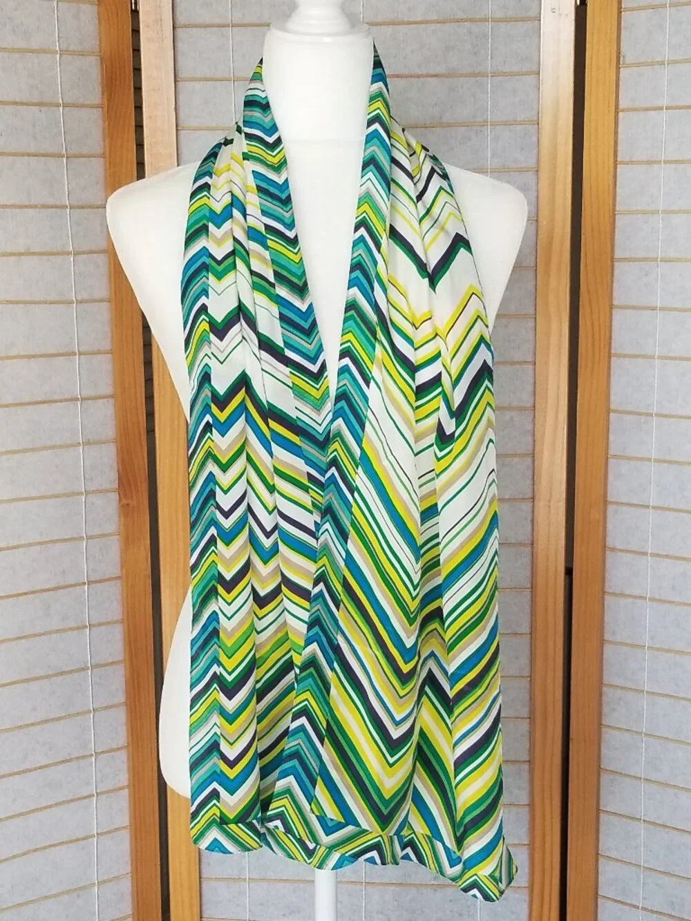 Printed Silk Scarf Anne Klein Blue Green Zig Zag Long Skinny